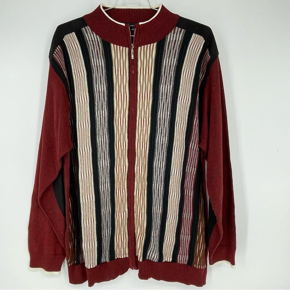 Montique Sweater Mens 3X Cardigan Zip Elbow Patches Red  Wavy 3D Knit Pockets